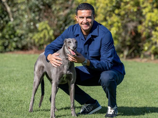 DAILY TELEGRAPH 9th August 2023. Tim Cahill and his retired greyhound Lumo at his family farm, Northern NSW  Picture Danielle Smith