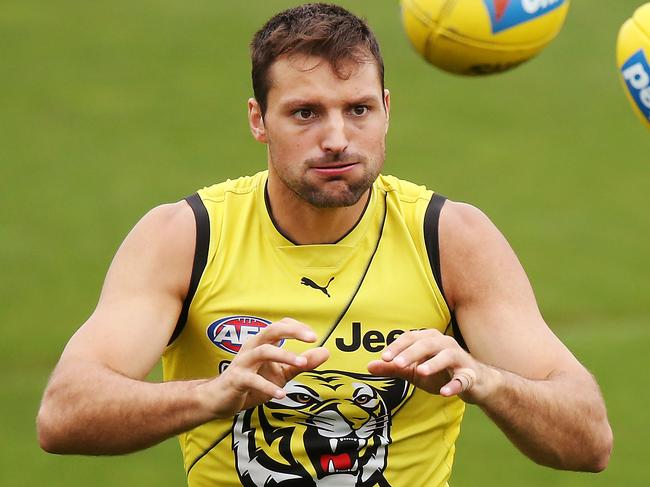 MELBOURNE, AUSTRALIA - MARCH 19: Toby Nankervis of the Tigers during the Richmond Tigers AFL training session at Punt Road Oval on March 19, 2019 in Melbourne, Australia. (Photo by Michael Dodge/Getty Images)