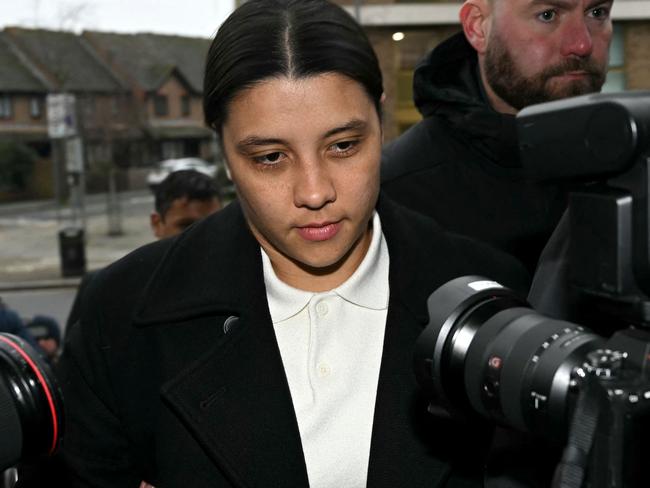 Chelsea's Australian striker Sam Kerr arrives at Kingston Crown Court in south London on February 11, 2025. Prosecutors in the trial of Kerr, who called a police officer "stupid and white", have asked the jury if perceptions would be different had she said "stupid and black". The Australia captain is on trial charged with causing racially aggravated harassment, which she denies, to police constable Stephen Lovell during an incident in southwest London in the early hours of January 30, 2023. (Photo by JUSTIN TALLIS / AFP)