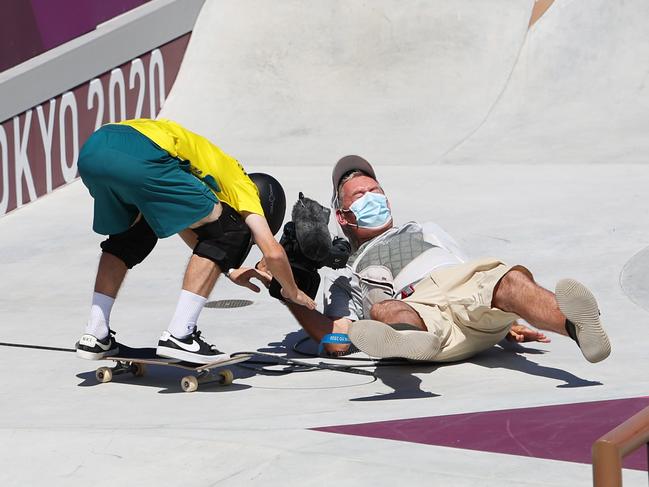 NSW skater Kieran Woolley, 17, came into the competition with flare, accidentally crashing into a cameraman causing the surprised worker to fall to his feet. Picture: Getty Images