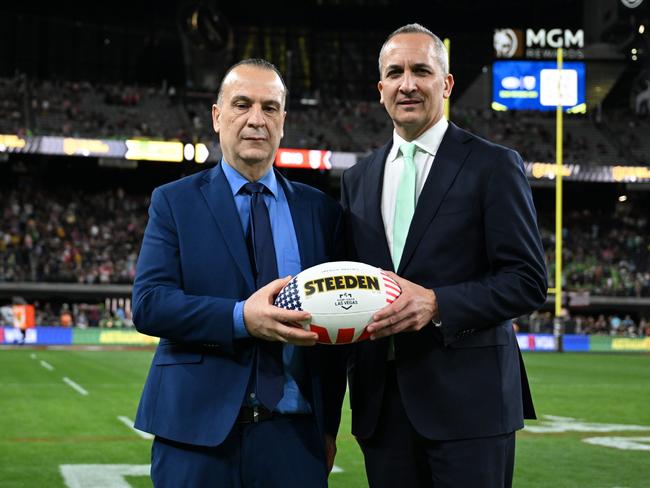 ARLC chairman Peter V'landys and NRL CEO Andrew Abdo at Allegiant Stadium. Picture: NRL Photos