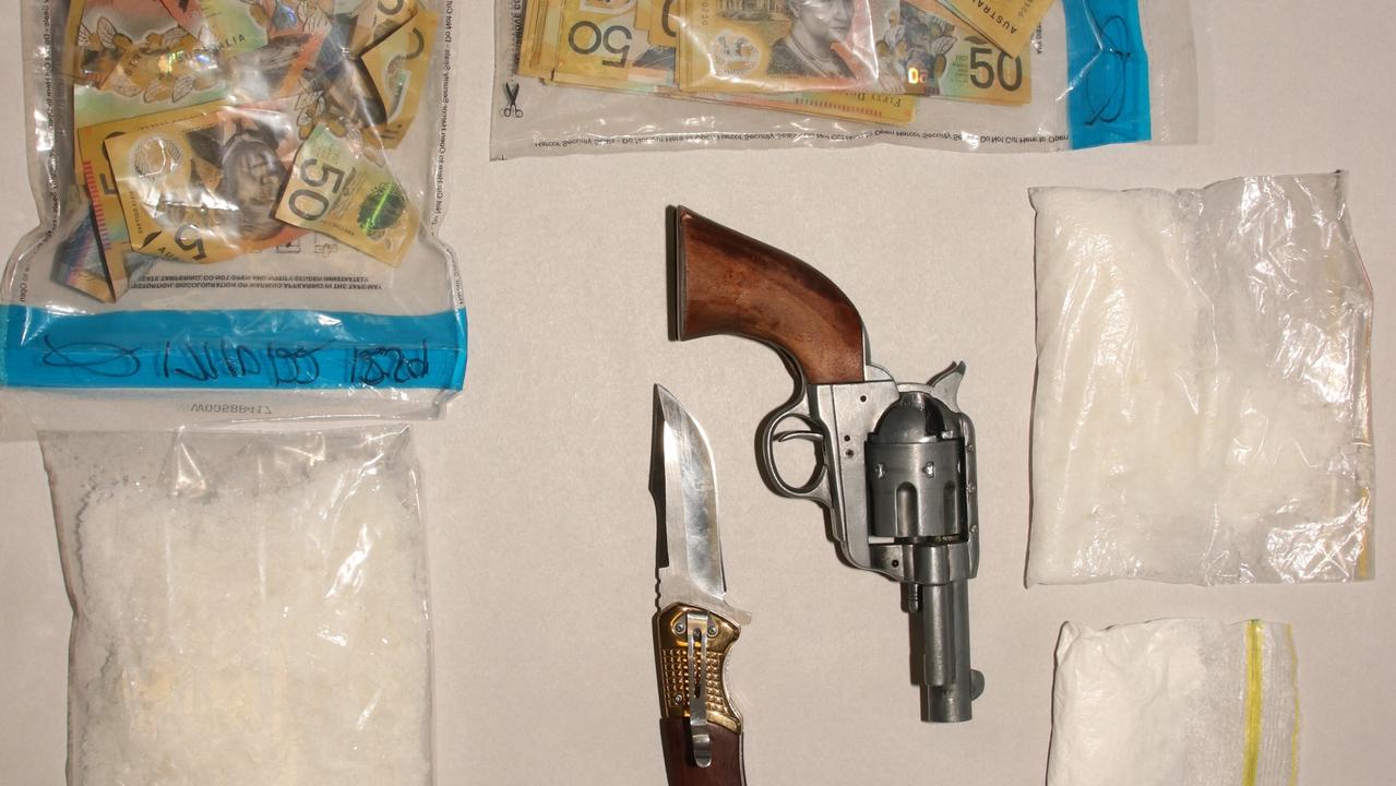 When police searched Lauchlan Joseph McGregor on the night of October 16 they found 32g of cocaine and 126g of meth on his person and a package containing 200g of meth in the vehicle. The police also found $25,000 in cash and a handgun and knife. Picture: Contributed.