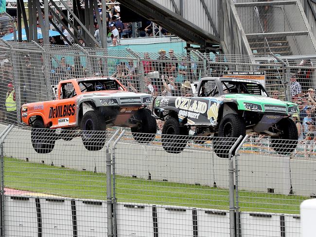 04/03/18 Matthew Brabham and Paul Morris flying in the Stadium Super Trucks at the Adelaide 500.picture CALUM ROBERTSON