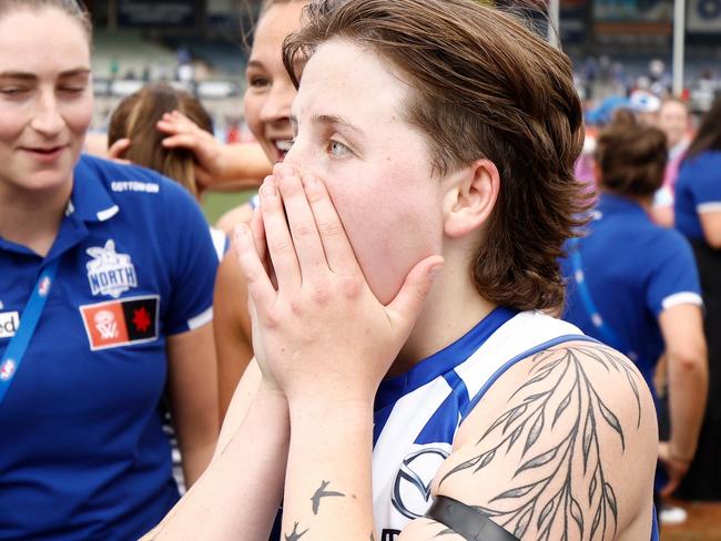 MELBOURNE, AUSTRALIA - NOVEMBER 26: Tess Craven of the Kangaroos celebrates during the 2023 AFLW Second Preliminary Final match between The North Melbourne Tasmanian Kangaroos and The Adelaide Crows at IKON Park on November 26, 2023 in Melbourne, Australia. (Photo by Michael Willson/AFL Photos via Getty Images)