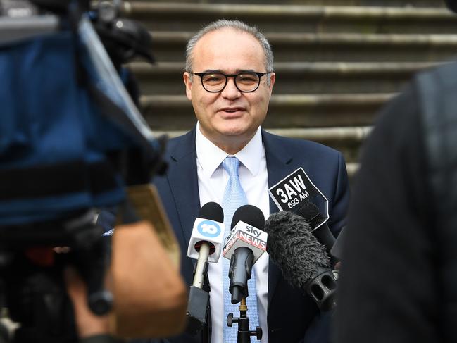 Local Government Minister Adem Somyurek speaks to reporters on the steps of the State Parliament of Victoria in Melbourne, Wednesday, June 19, 2019. Victoria's parliament will sack South Gippsland Shire Council amid ongoing "governance failure" including high tension between nine councillors. (AAP Image/James Ross) NO ARCHIVING