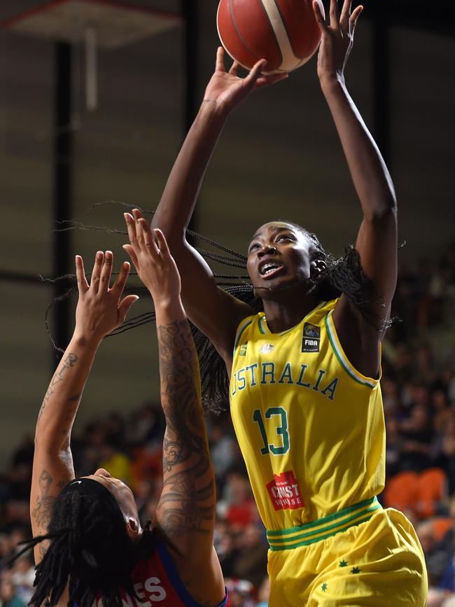 Ezi Magbegor takes a shot during the FIBA Women's Olympic Qualifying Tournament match between Australia and Puerto Rico in February. Picture: AFP