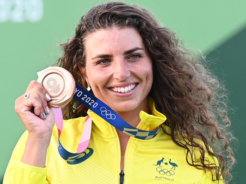 Fox shows off her bronze spoils. Picture: AFP