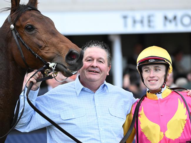 MELBOURNE, AUSTRALIA - JUNE 07: Ben Allen poses with trainer Kevin Daffy after riding Oh Too Good to win Race 5, the Vobis Gold Mile during Melbourne Racing at Flemington Racecourse on June 07, 2025 in Melbourne, Australia. (Photo by Vince Caligiuri/Getty Images)