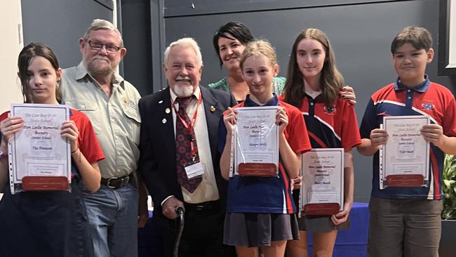 Pam Leslie Award - L-R - Tia Pointon, RSL president Don Holland, RSL School Liaison Officer David Grice, deputy principal Sandy Lewis, Harper Mills, Amity and Tyler Bath, Tin Can Bay State School awards.