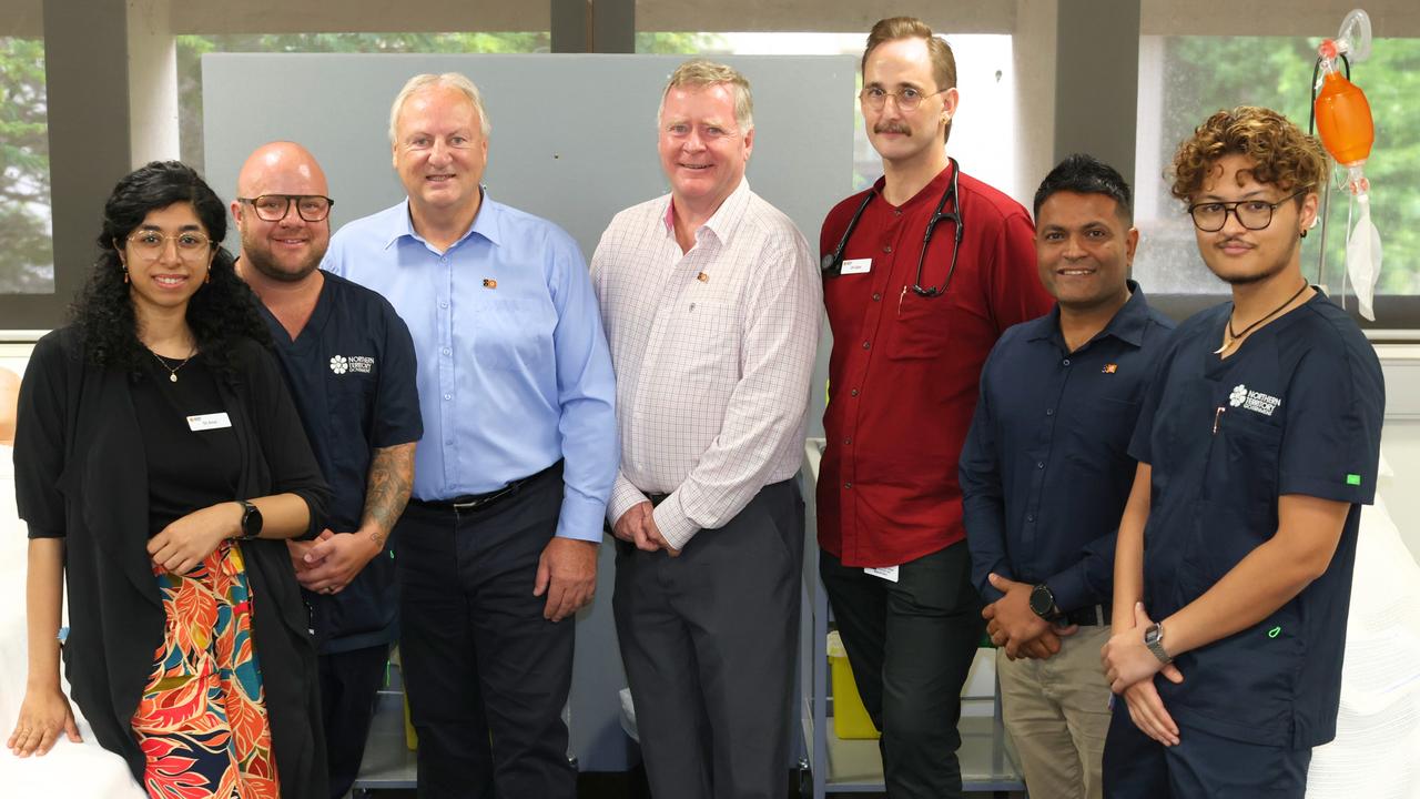 From left: Dr Amel Safi, graduate nurse Hayden Sandrey, Minister for Health Steve Edgington, Brian O’Gallagher Member for Karama, Dr Gabriel Jackson, Khoda Patel, Member for Casuarina, and graduate nurse Mushahid Fatemi. Royal Darwin Hospital, January 29, 2025.