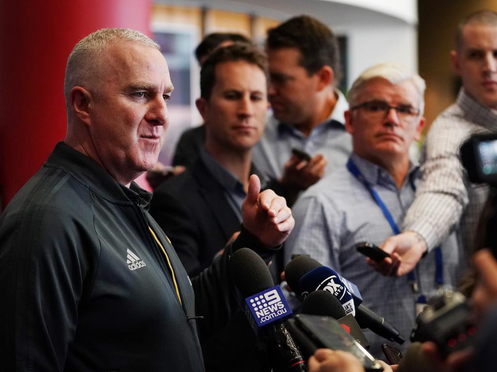 Then-Hawthorn list manager Graham Wright speaks to media during the opening day of the 2019 AFL trade period.