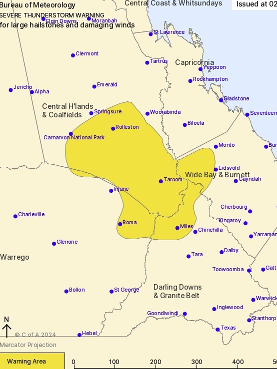 The severe thunderstorm warning covered the Central Highlands and Coalfields, Wide Bay and Burnett, Maranoa and Warrego and Darling Downs and Granite Belt forecast districts. Picture: Supplied / BOM