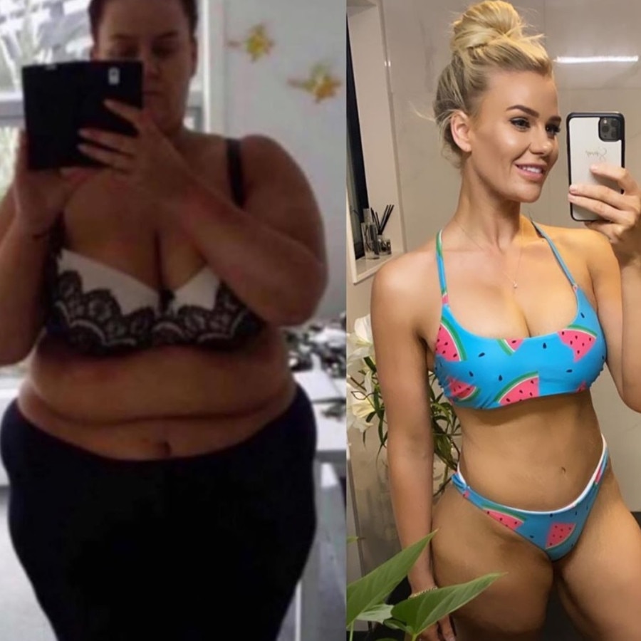 The left image is Simone Anderson at 168kg, and the right is after losing 92kg. Picture: Instagram/SimoneAnderson