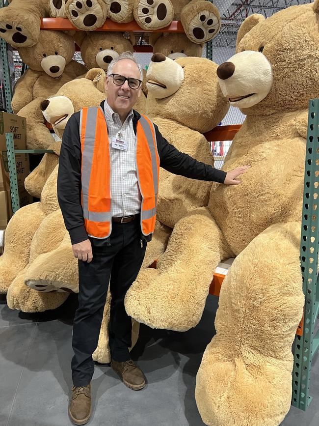 Costco Australia &amp; New Zealand Managing Director Patrick Noone with giant teddies ready for sale at the Coomera store. Picture: Keith Woods.