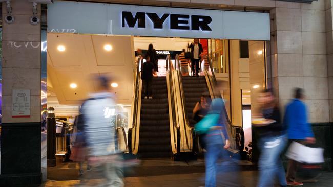 SYDNEY, AUSTRALIA - NewsWire Photos MAY 10 2024. GENERIC. Shoppers walk past the entrance to the Myer department store in Pitt St Mall. Economy, cost of living, budget, shopping, retail. Picture: NCA NewsWire / Max Mason-Hubers