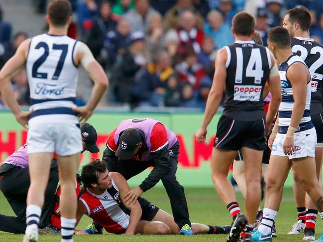 Dylan Roberton collapsed during the round four AFL match between the Geelong Cats and the St Kilda Saints on April 15. Picture: Darrian Traynor/Getty Images