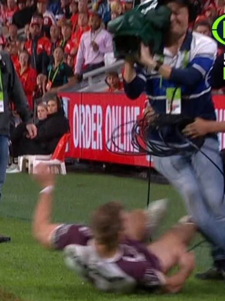 Trbojevic was out of control running into the cameraman. Photo: Fox Sports