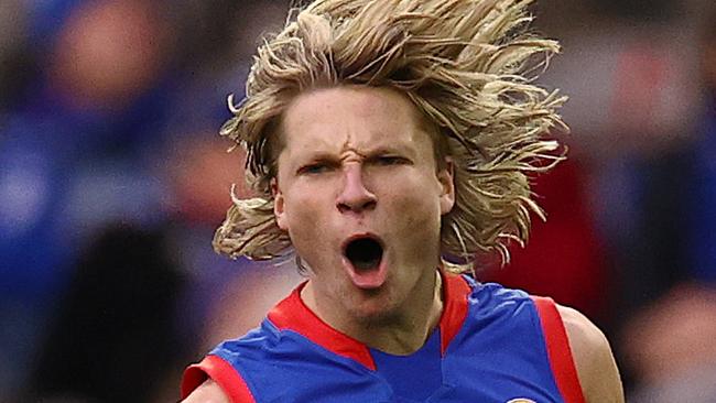 AFL Round 16..  Western Bulldogs vs North Melbourne at Marvel Stadium, Melbourne.  04/07/2021.   Bulldog Cody Weightman celebrates his 3rd 1st quarter gioal   .  Pic: Michael Klein