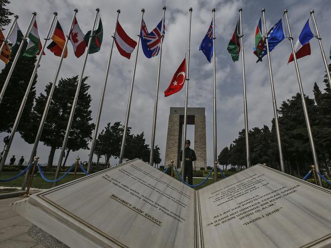 A Turkish soldier stands guard during the international service in recognition of the Gallipoli campaign, Turkey, April 24, 2019. Picture: AP Photo/Emrah Gurel