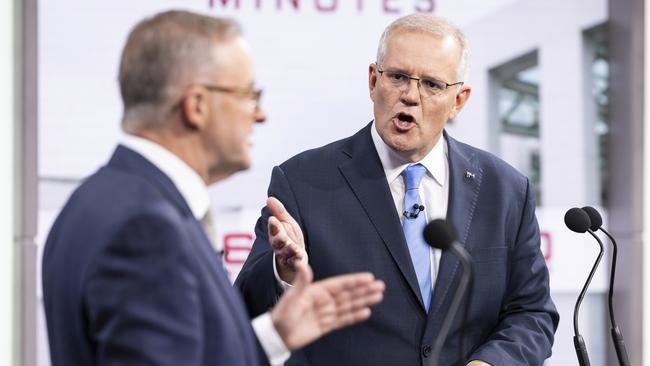 Anthony Albanese and Scott Morrison fired up over a federal ICAC, the vaccine rollout, tax policy and illegal immigration at the second leaders’ debate. Picture: Alex Ellinghausen