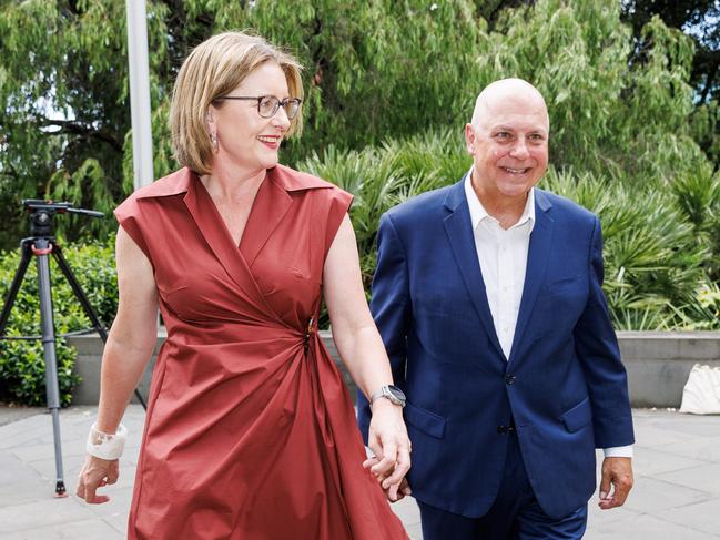 Tim Pallas announces his retirement at a press conference with Premier Jacinta Allan. Picture: Aaron Francis