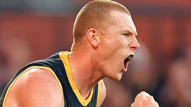 ADELAIDE, AUSTRALIA - JUNE 30:  Sam Jacobs of the Crows celebrates after kicking a goal during the round 15 AFL match between the Adelaide Crows and the West Coast Eagles at Adelaide Oval on June 30, 2018 in Adelaide, Australia.  (Photo by Daniel Kalisz/Getty Images)