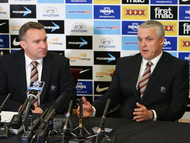 L to R,  CEO Paul White with Coach Anthony Griffin, announcing the signing of Wayne Bennett as coach of the Brisbane Broncos for the 2015 season, Red Hill - Photo Steve Pohlner