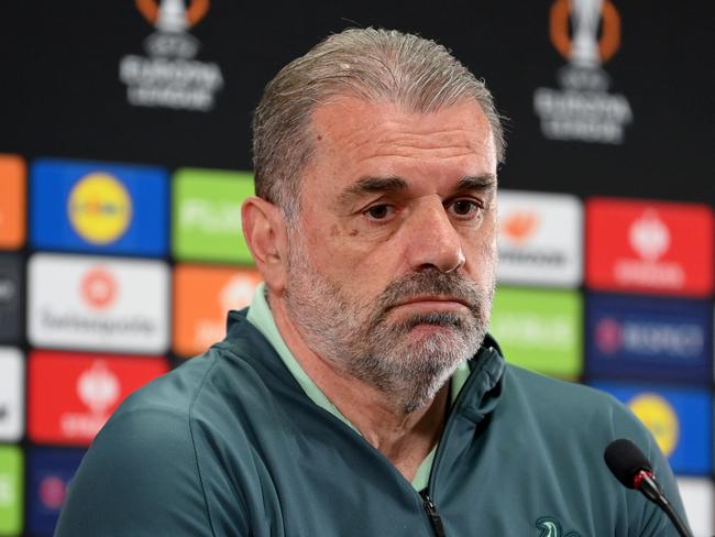 BODO, NORWAY - MAY 07: Ange Postecoglou, Manager of Tottenham Hotspur, talks during a press conference ahead of their UEFA Europe League 2024/25 semi final second leg match against FK Bodo/Glimt at Aspmyra Stadion on May 07, 2025 in Bodo, Norway. (Photo by Justin Setterfield/Getty Images)