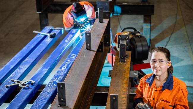 Apprentice boilermaker Anika Ford is training to work on the Future Submarines, and is currently working at steel fabrication business Grant and Sons at Edinburgh. Picture: Tom Huntley