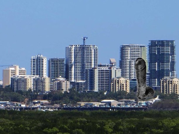 We don’t think this is what Darwin lord Mayor has in mind when he says he wants a big D in Darwin, but this artist's impression of what Darwin would look like with a giant dildo shows how Darwin could turn its sexual fortunes. PICTURE: DIGITALLY ALTERED IMAGE BY ADAM TAYLOR