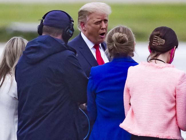 President Trump talks to journalists before boarding Air Force One. Picture: AFP