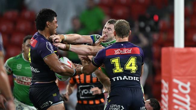 Utoikamanu copped it from Storm coach Craig Bellamy after this moment at Magic Round. Picture: NRL Photos