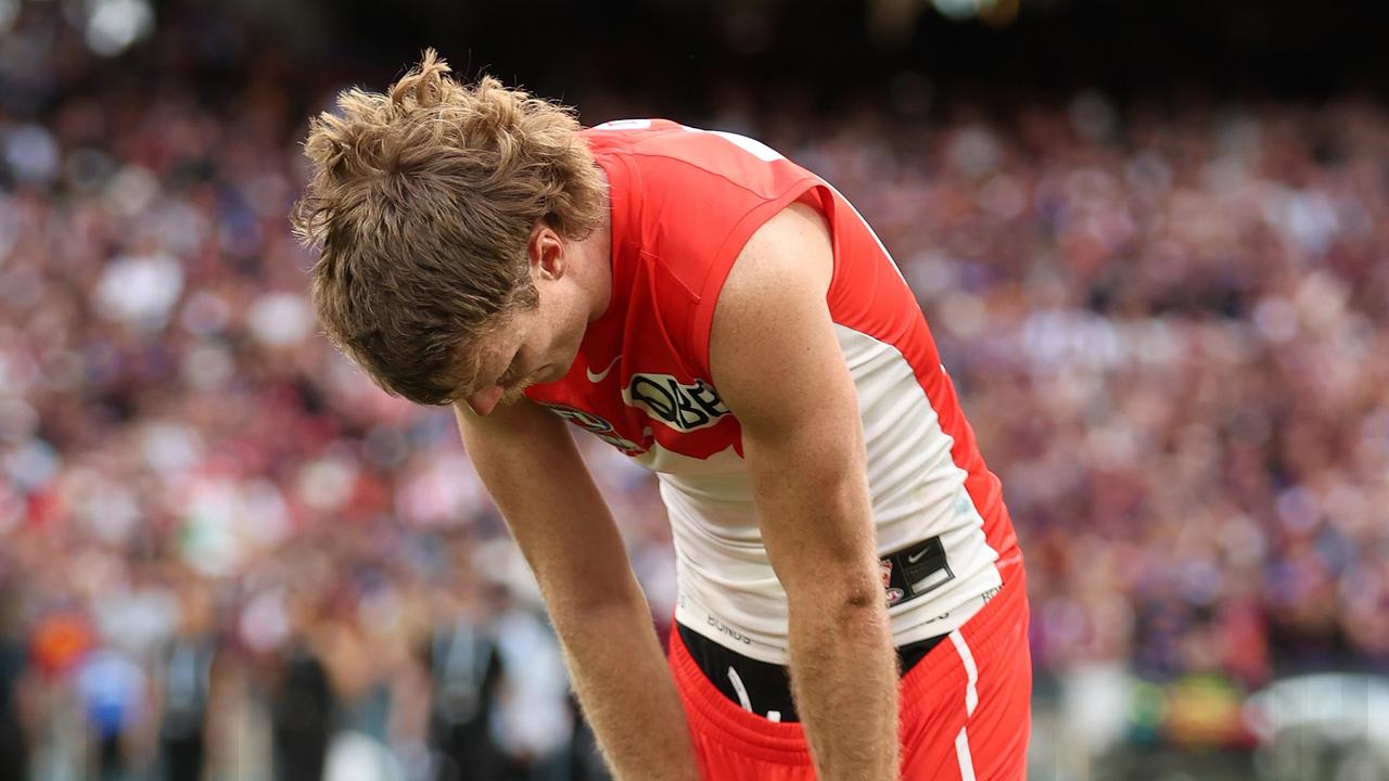 MELBOURNE, AUSTRALIA - SEPTEMBER 28: Nick Blakey of the Swans is dejected after the Swans were defeated by the Lions during the AFL Grand Final match between Sydney Swans and Brisbane Lions at Melbourne Cricket Ground, on September 28, 2024, in Melbourne, Australia. (Photo by Robert Cianflone/AFL Photos via Getty Images)