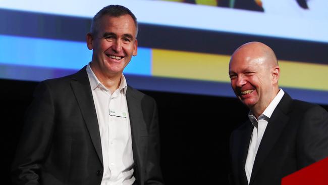 Woolworths CEO Brad Banducci with chairman Gordon Cairns at today’s AGM. Pic: Aaron Francis