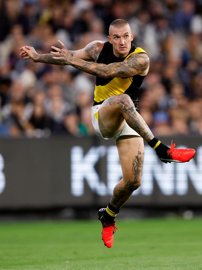 Dustin Martin is still performing. Photo by Dylan Burns/AFL Photos via Getty Images