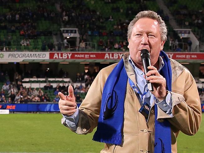 PERTH, AUSTRALIA - AUGUST 09: Andrew Forrest addresses the spectators after following the Rapid Rugby match between the Western Force and the Malaysia Valke at HBF Park on August 09, 2019 in Perth, Australia. (Photo by Paul Kane/Getty Images)