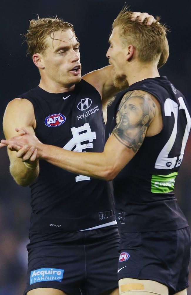 Sam Kerridge celebrates a goal with Dennis Armfield. Picture: Getty