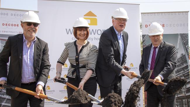 Wentworth’s chairman Ken Gilbert, Amanda Anker, Families Minister Gareth Ward, and Penrith Mayor Ross Fowler break ground in St Marys.