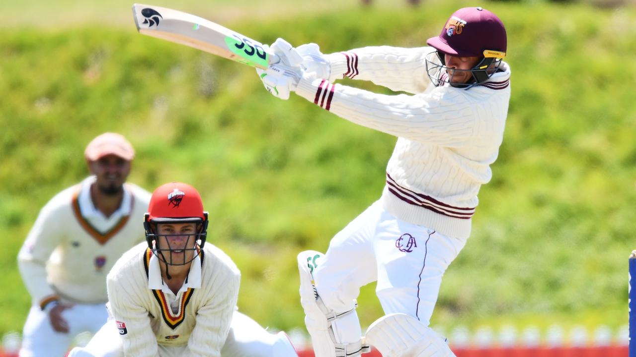 Usman Khawaja hits out during the Sheffield Shield match against South Australia.