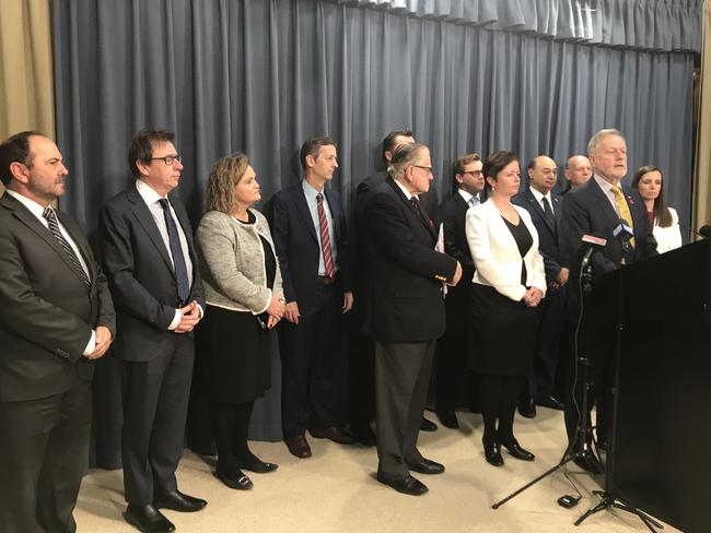 15 MPs from the upper and lower house are calling for legislation to decriminalise abortion to be put on ice. Shooters leader Robert Borsak (speaking at podium) has also threatened to never work with the Berejiklian government again if the Bill passes in its current form. Picture: Supplied