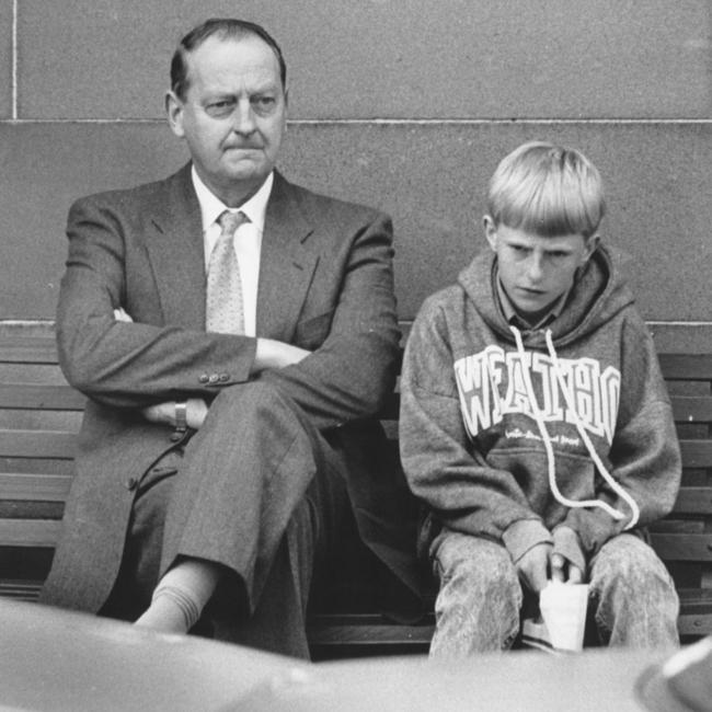 David, pictured here with his father outside court, recalled something feeling “off” the day his sister was killed. Picture: AFP