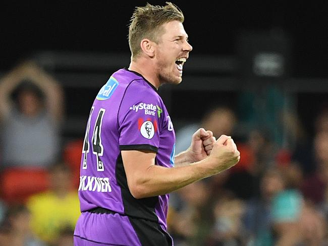 James  Faulkner of the Hurricanes reacts after the Hurricanes won the Big Bash League (BBL) match between the Brisbane Heat and the Hobart Hurricanes at Metricon Stadium on the Gold Coast, Saturday, December 22, 2018. (AAP Image/Dave Hunt) NO ARCHIVING, EDITORIAL USE ONLY, IMAGES TO BE USED FOR NEWS REPORTING PURPOSES ONLY, NO COMMERCIAL USE WHATSOEVER, NO USE IN BOOKS WITHOUT PRIOR WRITTEN CONSENT FROM AAP