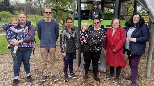 Mum Cara Tellefson, Dad Callum Clarke, Dad Josh Hasan, Mum Elysha Clarke, council candidate Jannette Langley and candidate Brenda McDermott are pushing for more safety measures at Baw Baw playgrounds. Picture: Jack Colantuono