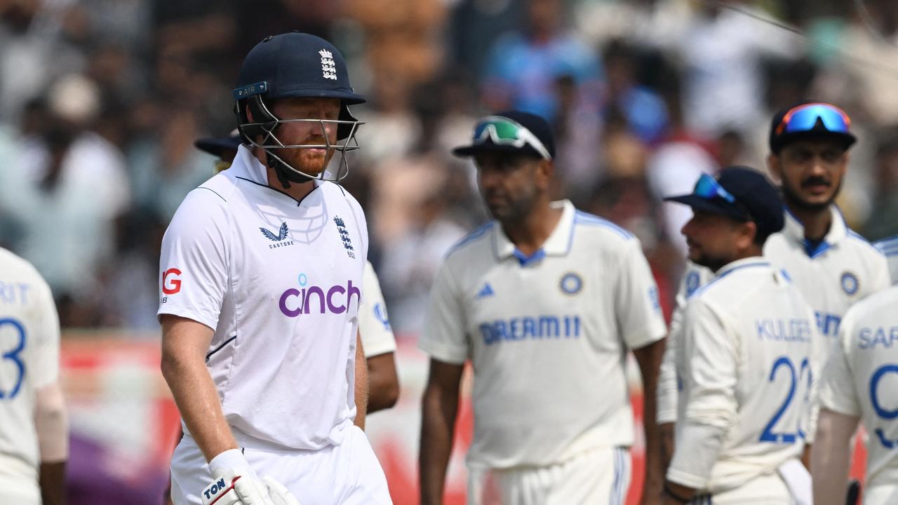 England's Jonny Bairstow walks off the ground after his dismissal during the fourth day of the second Test cricket match between India and England at the Y.S. Rajasekhara Reddy Cricket Stadium in Visakhapatnam on February 5, 2024. (Photo by DIBYANGSHU SARKAR / AFP)