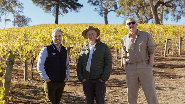 Wirra Wirra chief executive Matthew Deller, left, with Hahndorf Hill founders Larry Jacobs and Marc Dobson. Picture: Supplied by Wirra Wirra