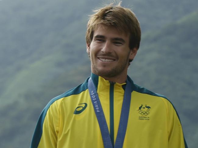 TEAHUPO'O, FRENCH POLYNESIA - AUGUST 5:  Silver medalist Jack Robinson of Australia in men's surfing attends the podium ceremony at the Paris 2024 Olympic Games August 5, 2024 in Teahupo'o, on the French Polynesian Island of Tahiti.  (Photo by  Ben Thouard-Pool/Getty Images)