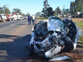 SAD NEWS: The crumpled wreck of the utility involved in a fatal crash this morning just out of Dalby, on the Warrego Hwy.Photo: Lisa Machin/ Dalby Herald. Picture: Lisa Machin