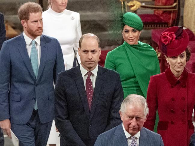 Prince Harry and Meghan Markle on the day they finished royal duties in March 2020. Picture: Phil Harris – WPA Pool/Getty Images