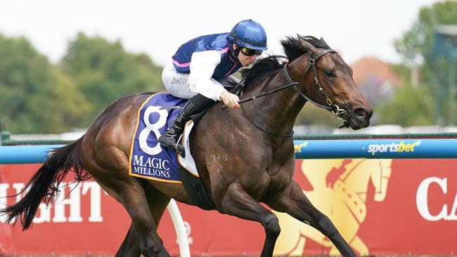Invincible Woman ridden by Damian Lane wins the Magic Millions VIC 2YO Classic at Caulfield Heath Racecourse on December 14, 2024 in Caulfield, Australia. (Photo by Scott Barbour/Racing Photos via Getty Images)