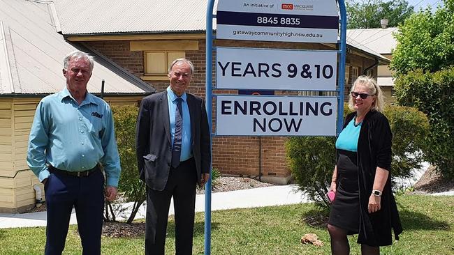 A new school for year 9 and 10 students is set to open in Sydney’s northwest. Pictured from left to right, principal Roger Ashcroft, Bennelong federal MP John Alexander and CEO Theresa Collignon. Picture: Supplied